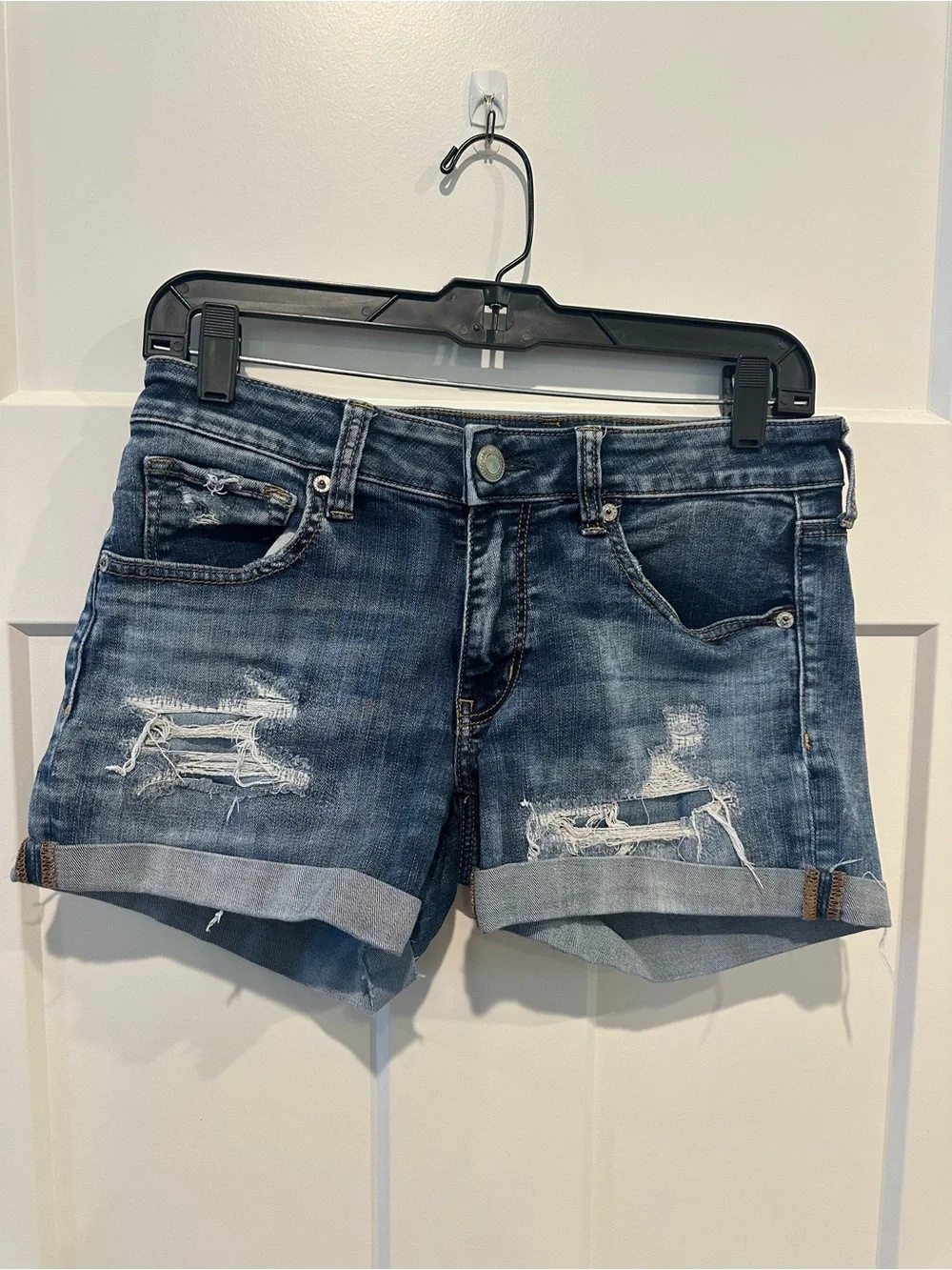 American Eagle Outfitters Distressed Cuffed Denim Shorts - Blue
